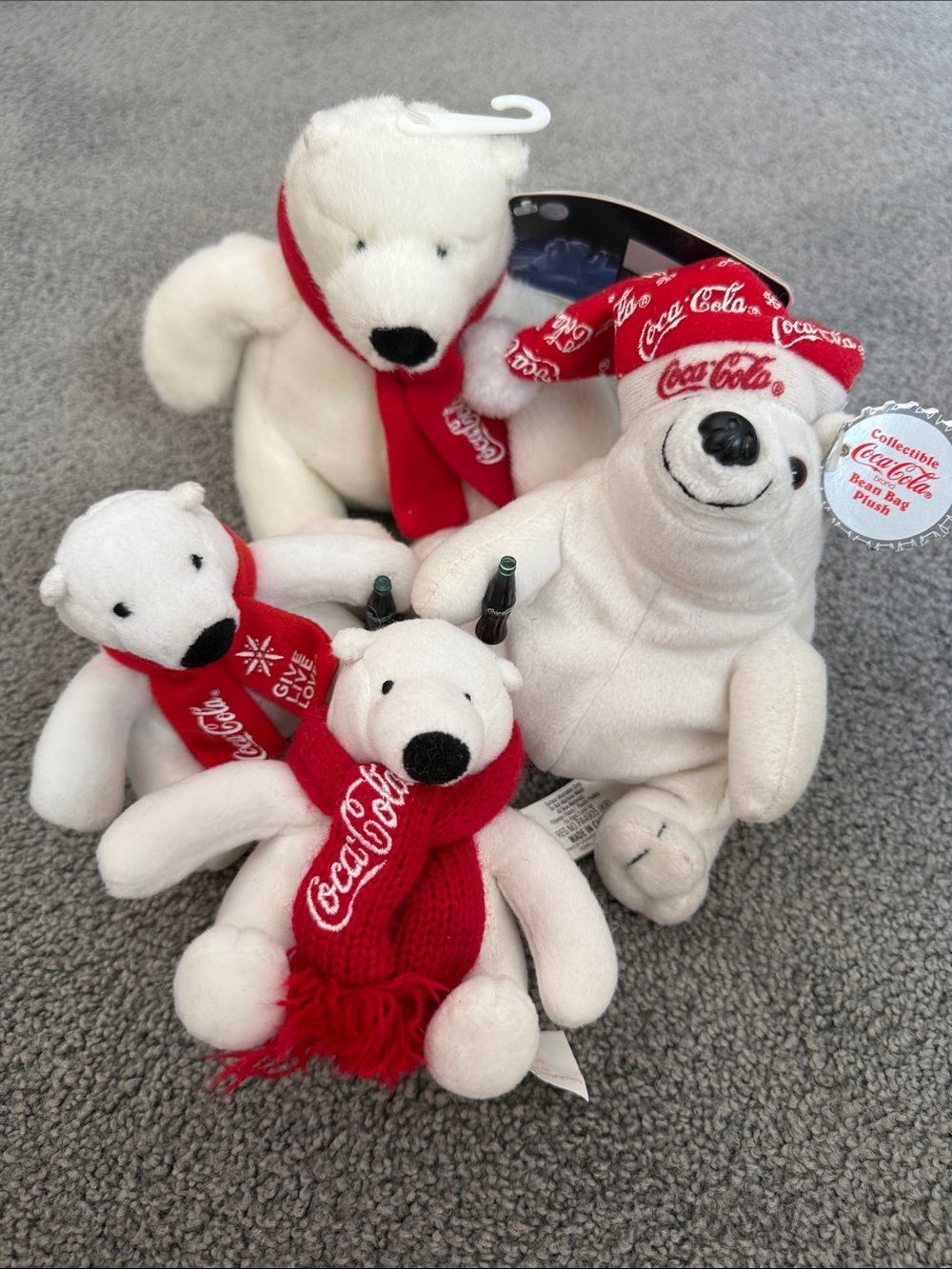 Vintage 90’s Coca Cola 4 Pc Polar Bear Plush Set with Red Scarves, Hat, Bottles!
